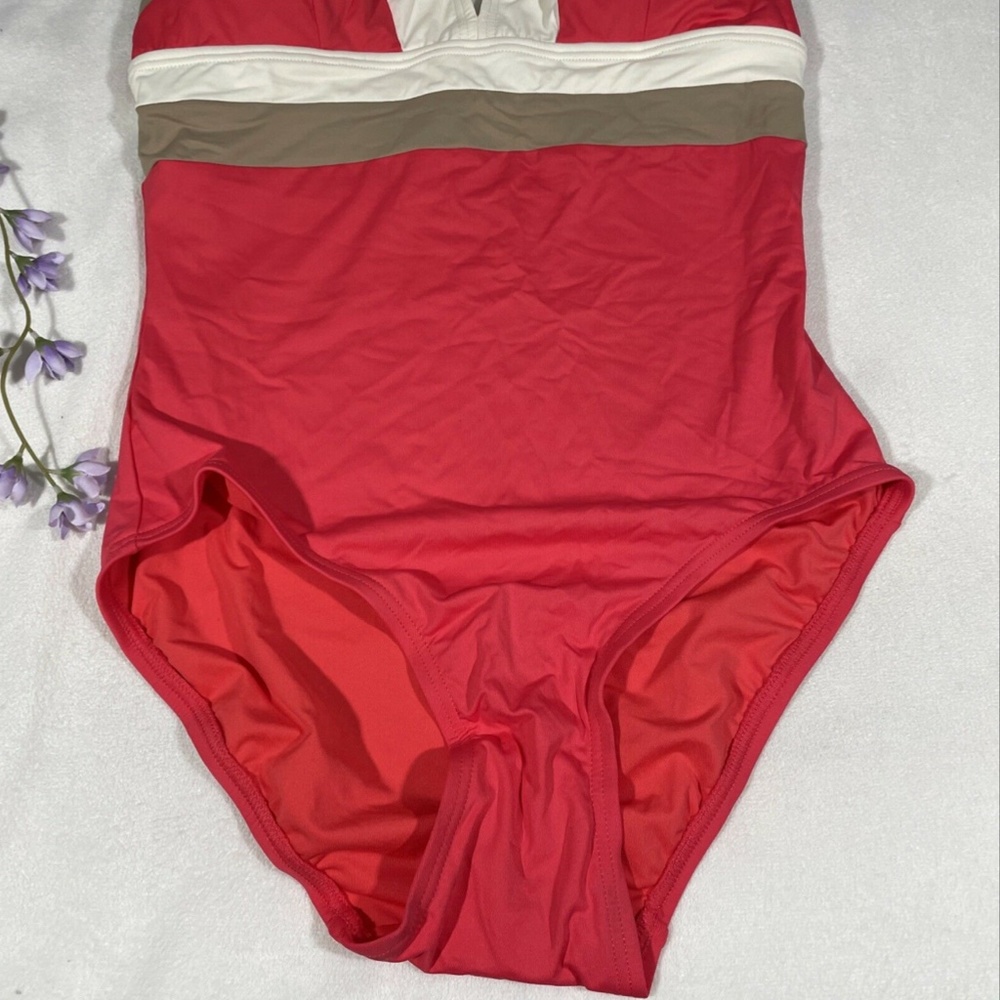 NWT DKNY [SZ 6 ] Colorblock V Neck Maillot One Piece Swimsuit‎ Coral - Picture 4 of 12